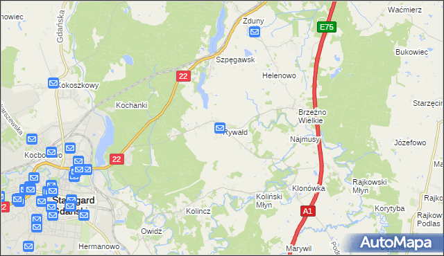 mapa Rywałd gmina Starogard Gdański, Rywałd gmina Starogard Gdański na mapie Targeo