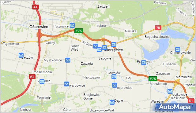 mapa Sadowie gmina Mierzęcice, Sadowie gmina Mierzęcice na mapie Targeo