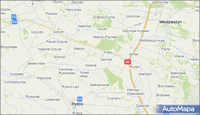 mapa Sarnów gmina Rybno, Sarnów gmina Rybno na mapie Targeo