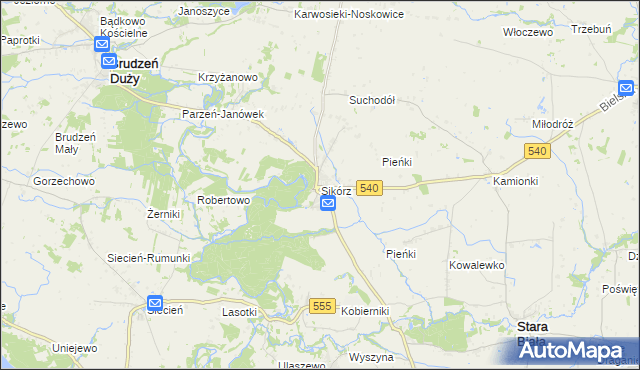 mapa Sikórz gmina Brudzeń Duży, Sikórz gmina Brudzeń Duży na mapie Targeo