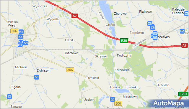 mapa Skrzynki gmina Stęszew, Skrzynki gmina Stęszew na mapie Targeo