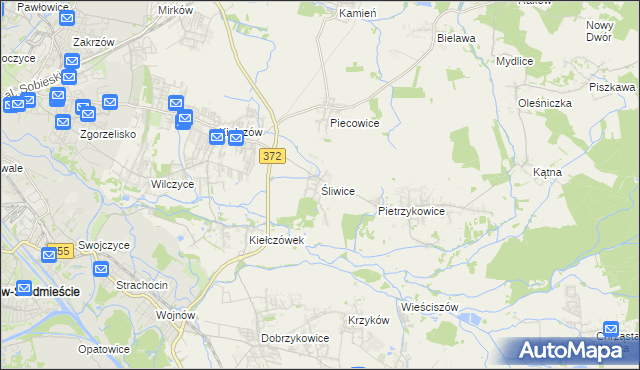 mapa Śliwice gmina Długołęka, Śliwice gmina Długołęka na mapie Targeo