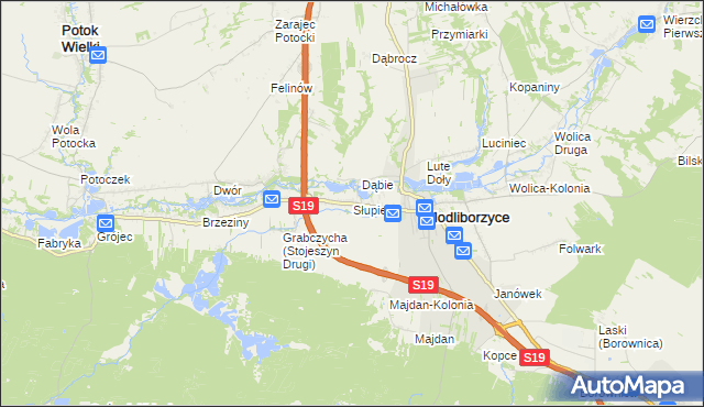 mapa Słupie gmina Modliborzyce, Słupie gmina Modliborzyce na mapie Targeo