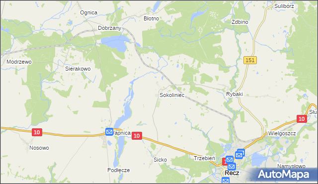 mapa Sokoliniec gmina Recz, Sokoliniec gmina Recz na mapie Targeo