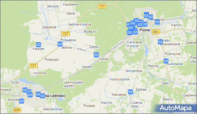 mapa Sokoły gmina Pionki, Sokoły gmina Pionki na mapie Targeo