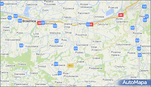 mapa Sosnowice gmina Brzeźnica, Sosnowice gmina Brzeźnica na mapie Targeo