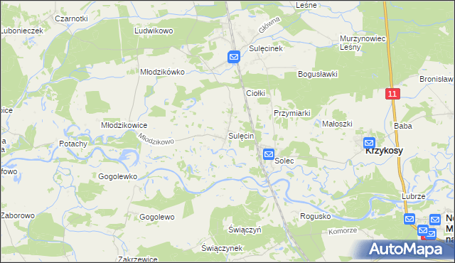 mapa Sulęcin gmina Krzykosy, Sulęcin gmina Krzykosy na mapie Targeo