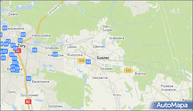 mapa Suszec powiat pszczyński, Suszec powiat pszczyński na mapie Targeo