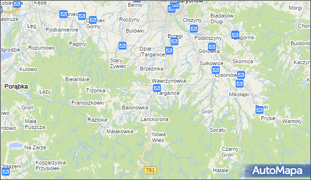 mapa Targanice, Targanice na mapie Targeo