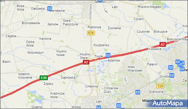 mapa Tłuste gmina Grodzisk Mazowiecki, Tłuste gmina Grodzisk Mazowiecki na mapie Targeo