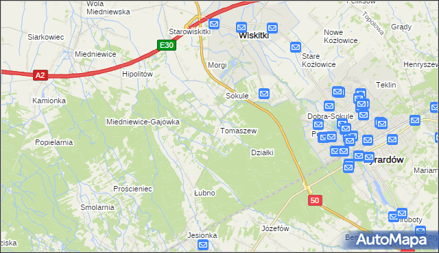 mapa Tomaszew gmina Wiskitki, Tomaszew gmina Wiskitki na mapie Targeo