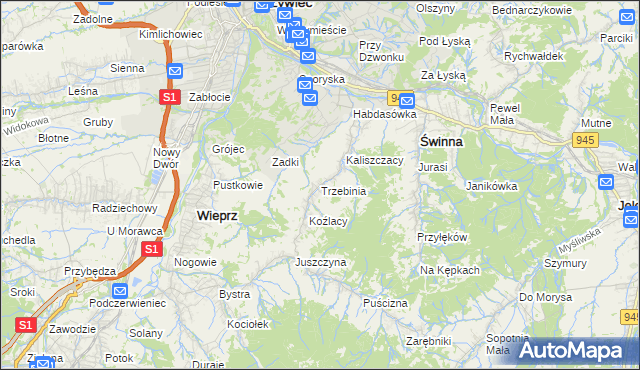 mapa Trzebinia gmina Świnna, Trzebinia gmina Świnna na mapie Targeo