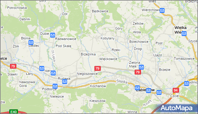 mapa Więckowice gmina Zabierzów, Więckowice gmina Zabierzów na mapie Targeo