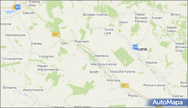 mapa Wierzbica gmina Rudnik, Wierzbica gmina Rudnik na mapie Targeo