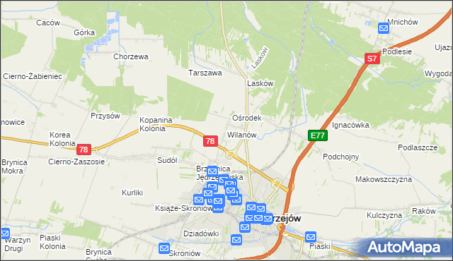mapa Wilanów gmina Jędrzejów, Wilanów gmina Jędrzejów na mapie Targeo