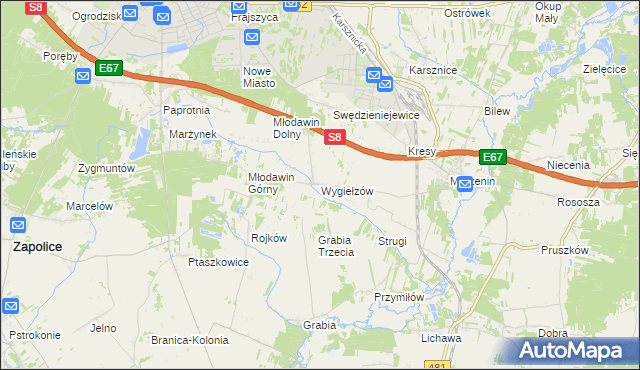 mapa Wygiełzów gmina Zapolice, Wygiełzów gmina Zapolice na mapie Targeo