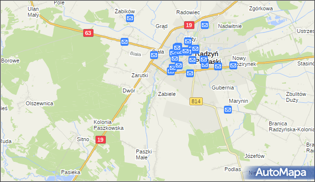mapa Zabiele gmina Radzyń Podlaski, Zabiele gmina Radzyń Podlaski na mapie Targeo