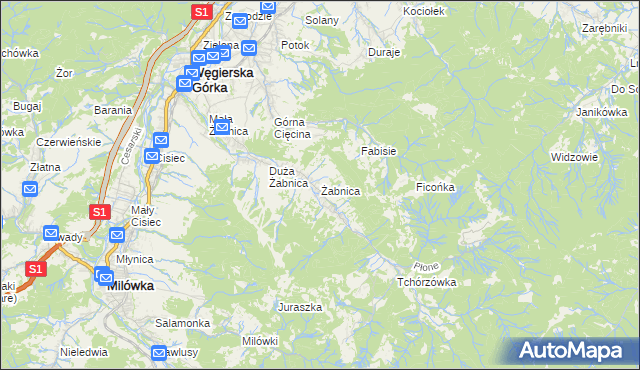 mapa Żabnica gmina Węgierska Górka, Żabnica gmina Węgierska Górka na mapie Targeo