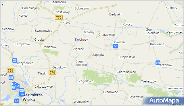 mapa Zagajów gmina Czarnocin, Zagajów gmina Czarnocin na mapie Targeo