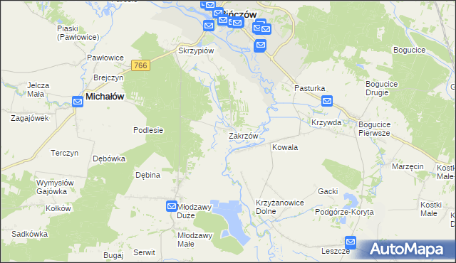 mapa Zakrzów gmina Pińczów, Zakrzów gmina Pińczów na mapie Targeo