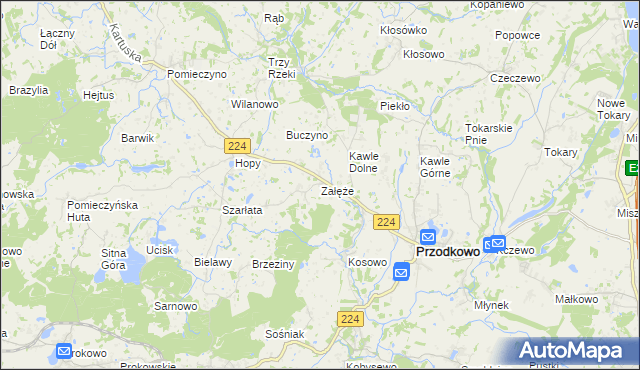 mapa Załęże gmina Przodkowo, Załęże gmina Przodkowo na mapie Targeo