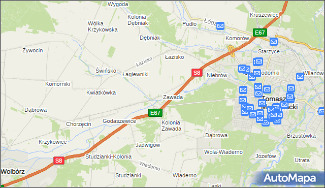 mapa Zawada gmina Tomaszów Mazowiecki, Zawada gmina Tomaszów Mazowiecki na mapie Targeo