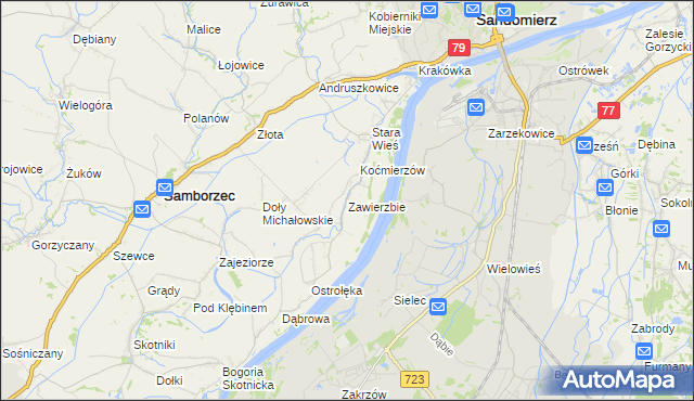 mapa Zawierzbie gmina Samborzec, Zawierzbie gmina Samborzec na mapie Targeo