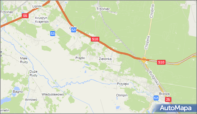 mapa Zielonka gmina Białe Błota, Zielonka gmina Białe Błota na mapie Targeo