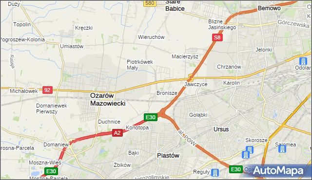 mapa Bronisze gmina Ożarów Mazowiecki, Bronisze gmina Ożarów Mazowiecki na mapie Targeo