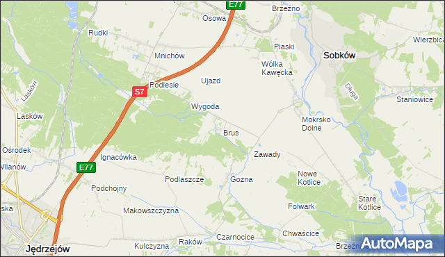 mapa Brus gmina Jędrzejów, Brus gmina Jędrzejów na mapie Targeo