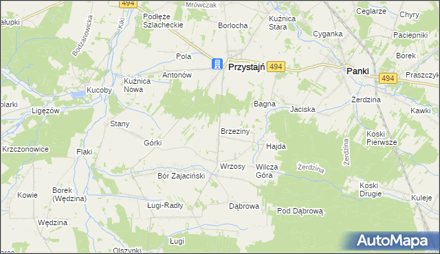 mapa Brzeziny gmina Przystajń, Brzeziny gmina Przystajń na mapie Targeo