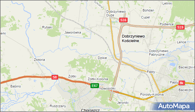 mapa Dzikie gmina Choroszcz, Dzikie gmina Choroszcz na mapie Targeo