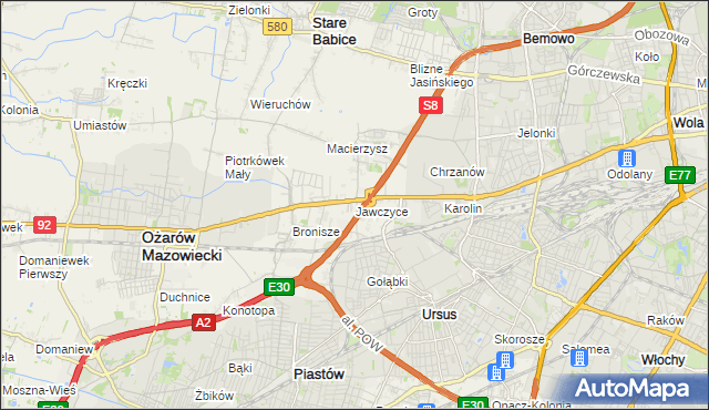 mapa Jawczyce gmina Ożarów Mazowiecki, Jawczyce gmina Ożarów Mazowiecki na mapie Targeo