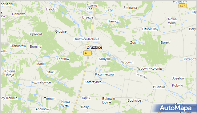 mapa Kobyłki gmina Drużbice, Kobyłki gmina Drużbice na mapie Targeo