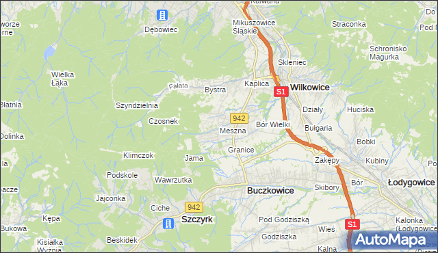 mapa Meszna gmina Wilkowice, Meszna gmina Wilkowice na mapie Targeo