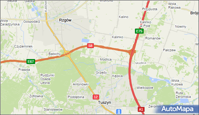mapa Modlica gmina Tuszyn, Modlica gmina Tuszyn na mapie Targeo