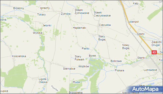 mapa Pieńki gmina Rudniki, Pieńki gmina Rudniki na mapie Targeo