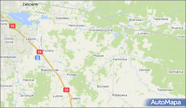 mapa Płoskie gmina Zabłudów, Płoskie gmina Zabłudów na mapie Targeo