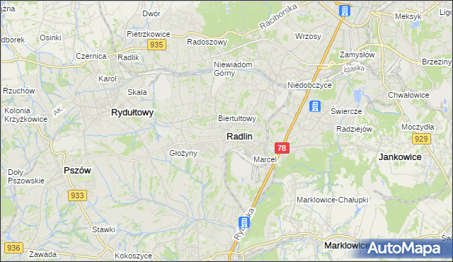 mapa Radlin powiat wodzisławski, Radlin powiat wodzisławski na mapie Targeo