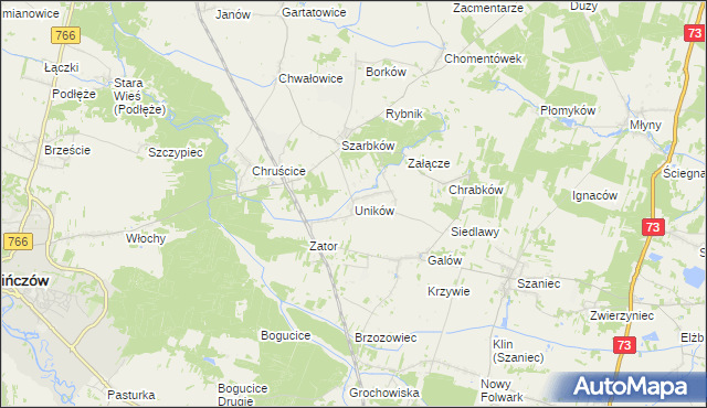 mapa Uników gmina Pińczów, Uników gmina Pińczów na mapie Targeo