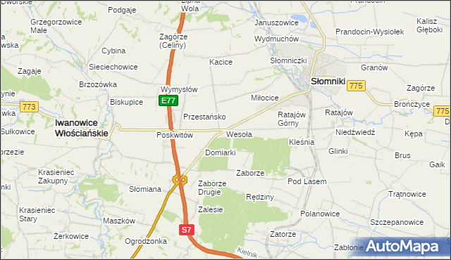 mapa Wesoła gmina Słomniki, Wesoła gmina Słomniki na mapie Targeo