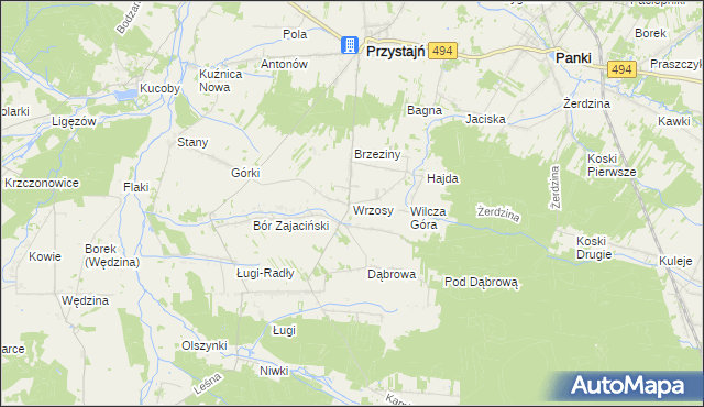 mapa Wrzosy gmina Przystajń, Wrzosy gmina Przystajń na mapie Targeo