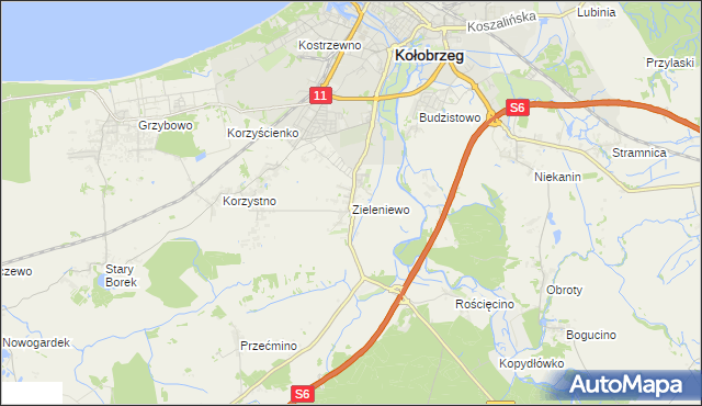 mapa Zieleniewo gmina Kołobrzeg, Zieleniewo gmina Kołobrzeg na mapie Targeo
