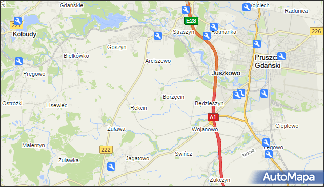 mapa Borzęcin gmina Pruszcz Gdański, Borzęcin gmina Pruszcz Gdański na mapie Targeo