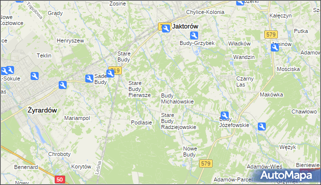mapa Budy Michałowskie gmina Jaktorów, Budy Michałowskie gmina Jaktorów na mapie Targeo