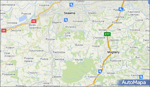 mapa Buków gmina Mogilany, Buków gmina Mogilany na mapie Targeo