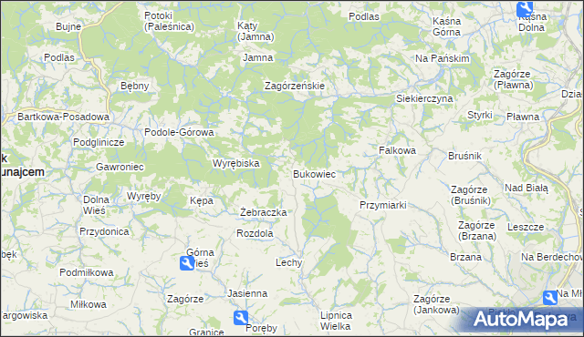 mapa Bukowiec gmina Korzenna, Bukowiec gmina Korzenna na mapie Targeo