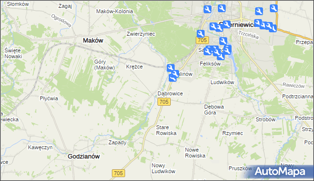 mapa Dąbrowice gmina Maków, Dąbrowice gmina Maków na mapie Targeo