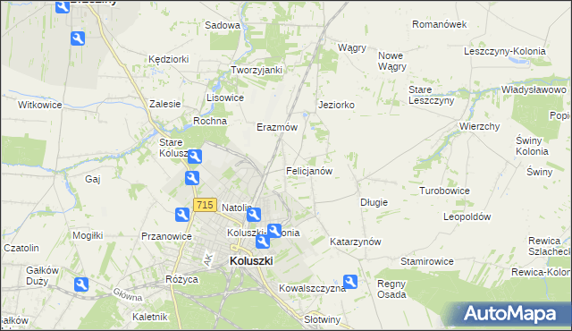 mapa Felicjanów gmina Koluszki, Felicjanów gmina Koluszki na mapie Targeo