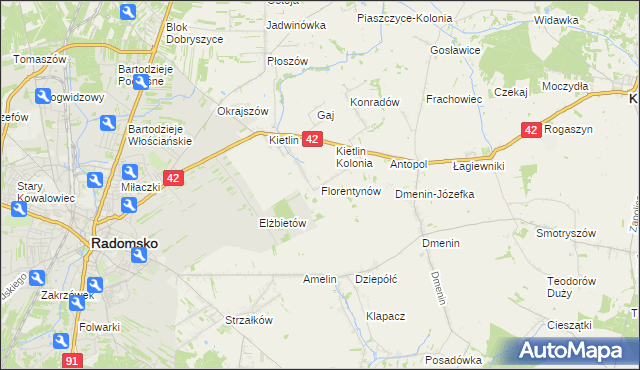 mapa Florentynów gmina Kodrąb, Florentynów gmina Kodrąb na mapie Targeo